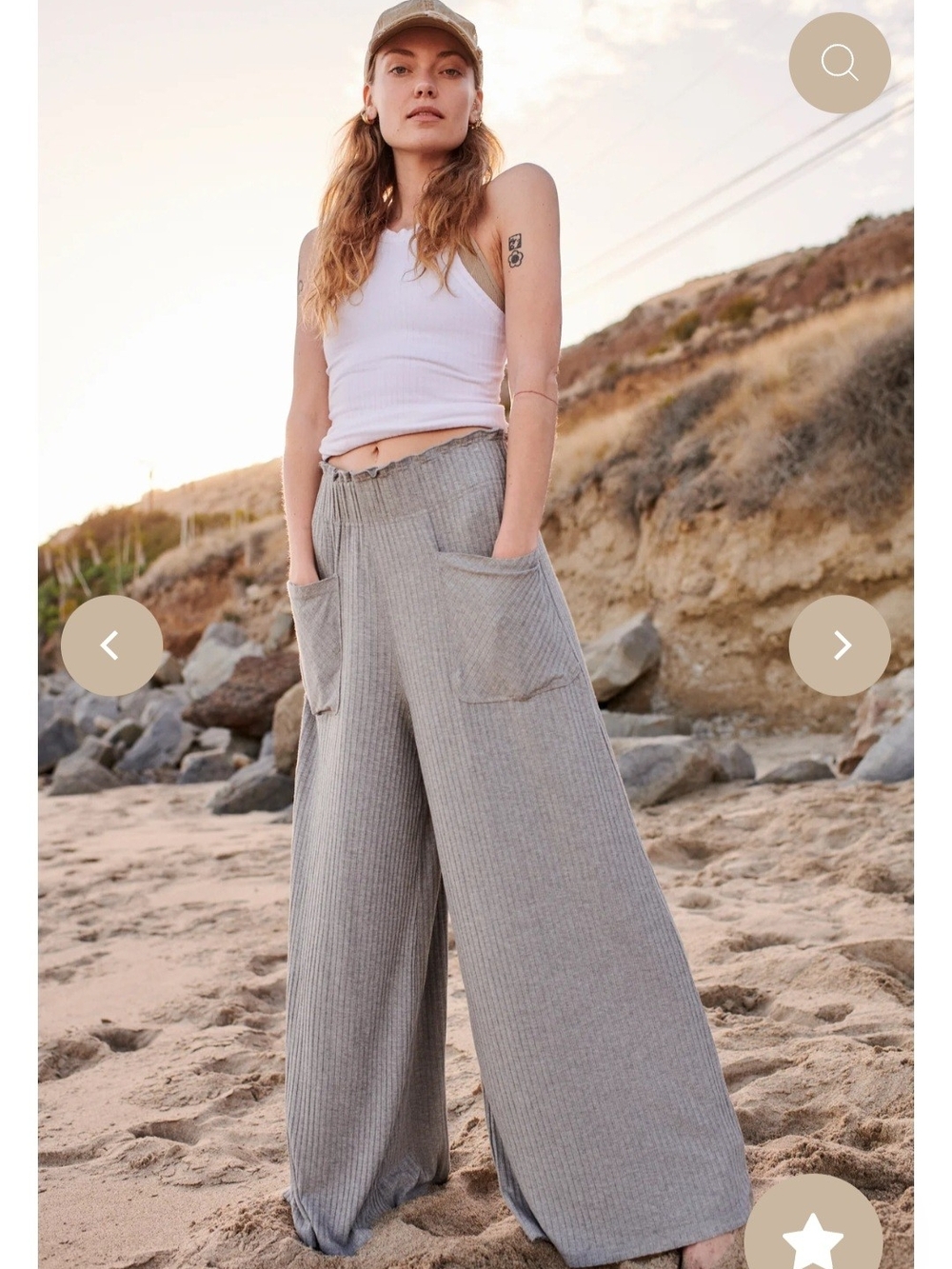 Free People Ribbed Wide-Leg Pull-On Pants in Light Gray